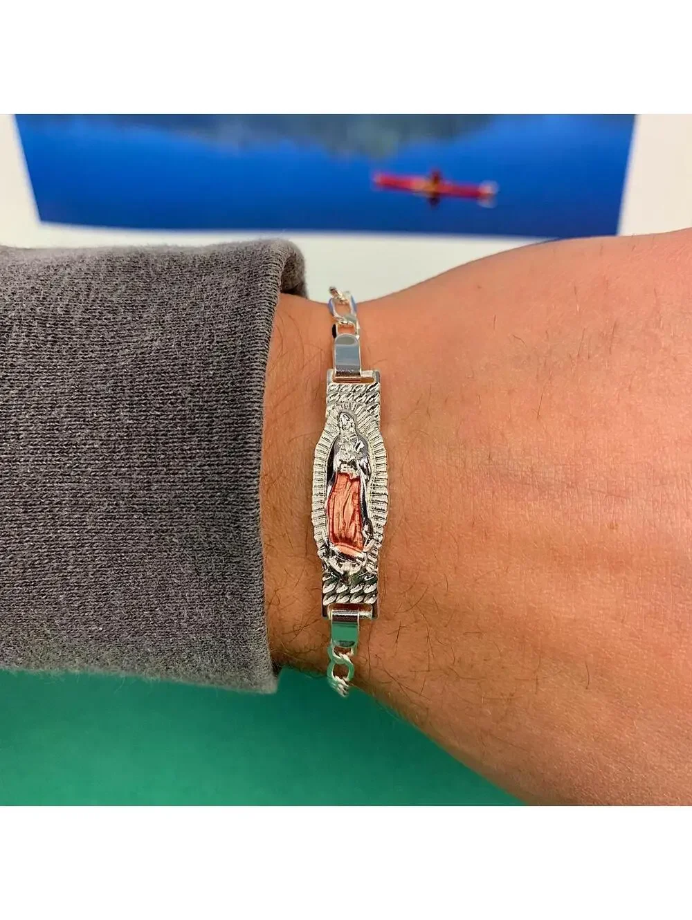 Vintage Y2k Style Silver Saint Marry Cuban Link Figaro Bracelet. Nice quality